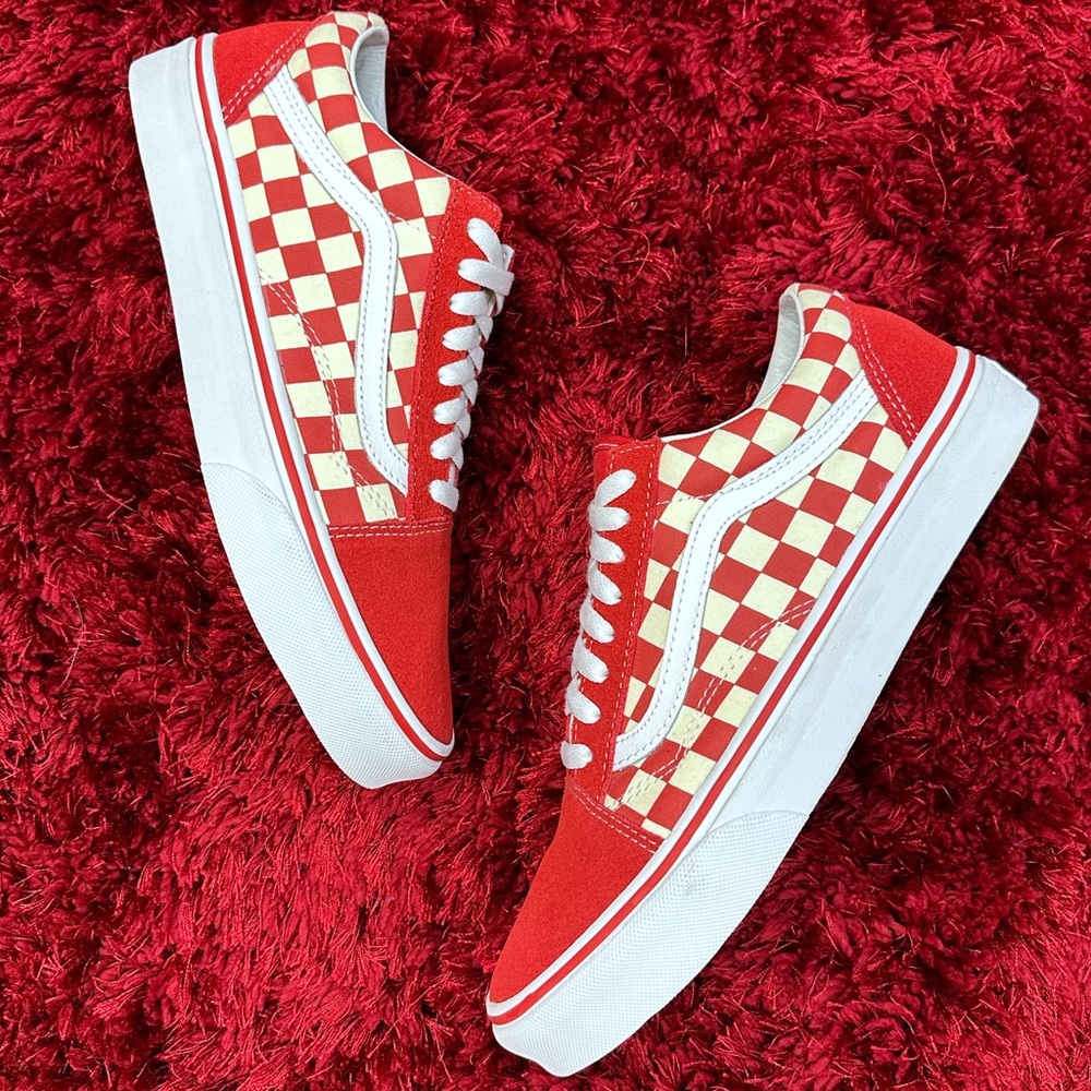 Vans Red and Cream Checkerboard Old Skool Sneakers